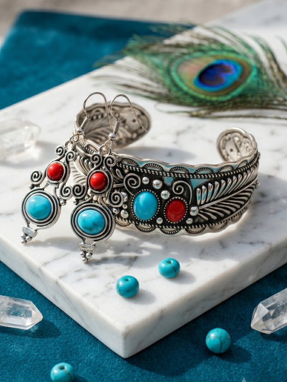 Silver Cuff Bracelet Earrings Set Turquoise Red Coral Southwestern Boho Filigree - Picture 6 of 15